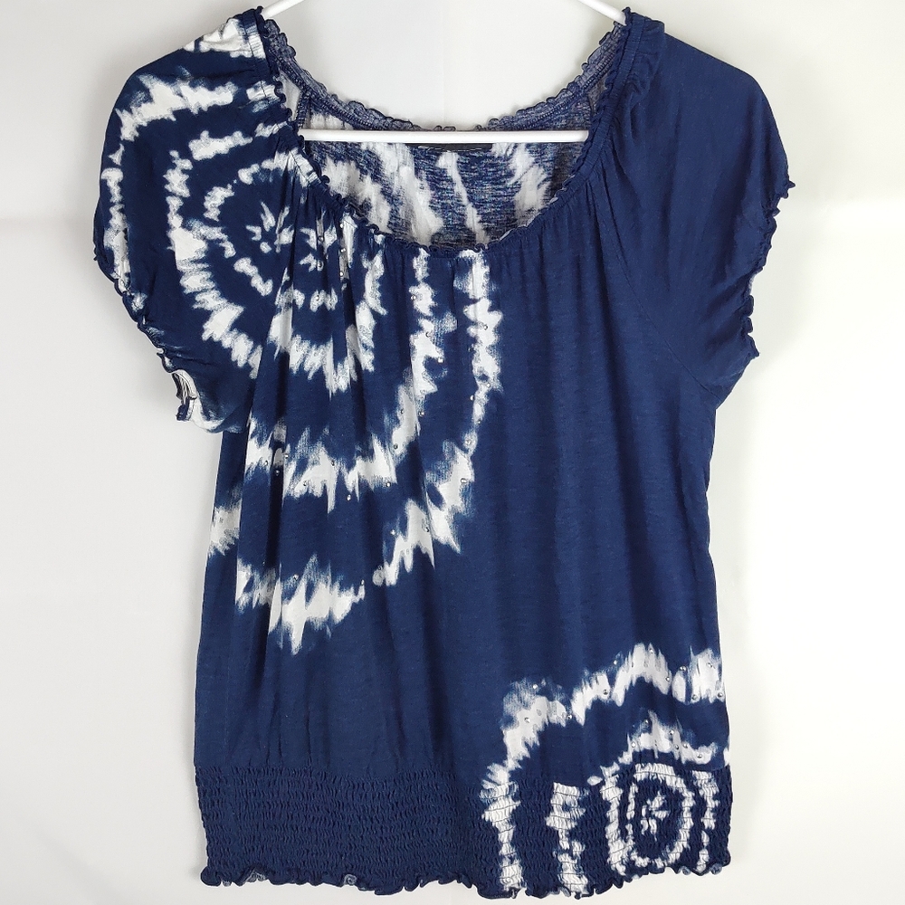 Tie-Dye Rhinestones Blouse Top Womens S/M Casual Indie Boho Western Going Out